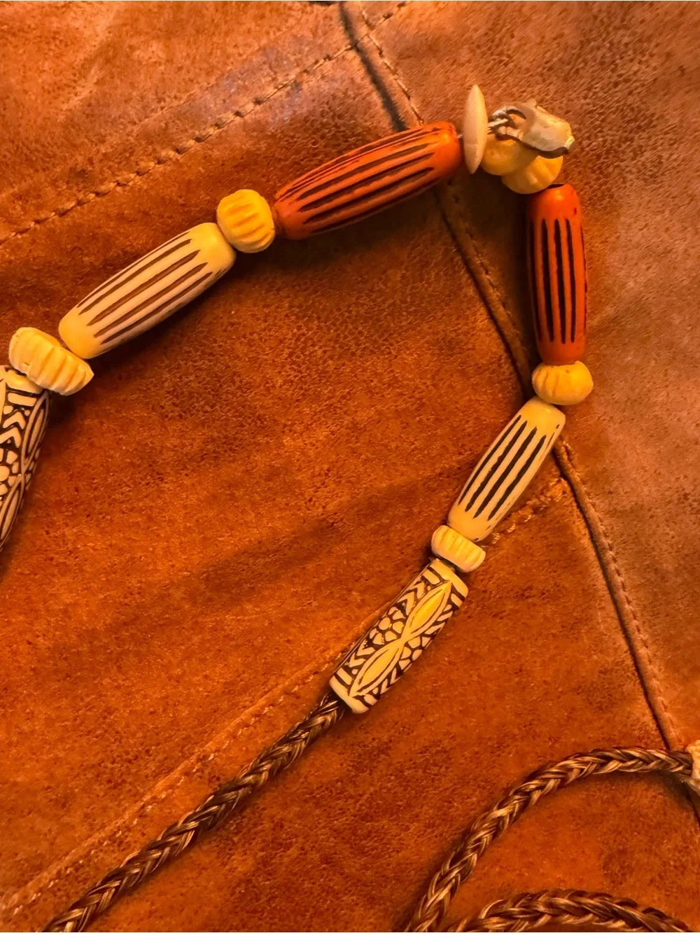 Vintage Western Bolo Tie pewter a saddle Horsehair and Barrel beads Lrg.